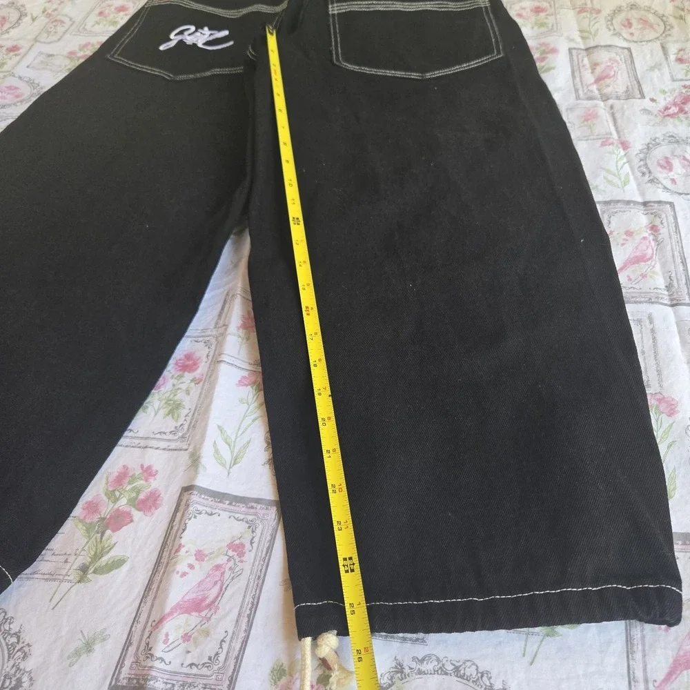 Y2K Black Baggy‎ Jeans Wide Leg Contrast Stitch Embroidered Gone Logo Size Small